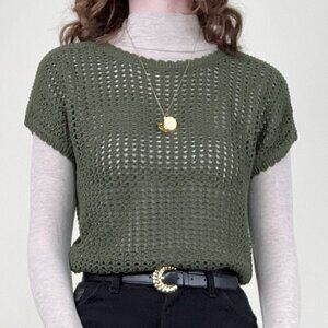Vintage Open Knit Crochet Pointelle Sweater Vest Top Blouse Oversized Loose Fit